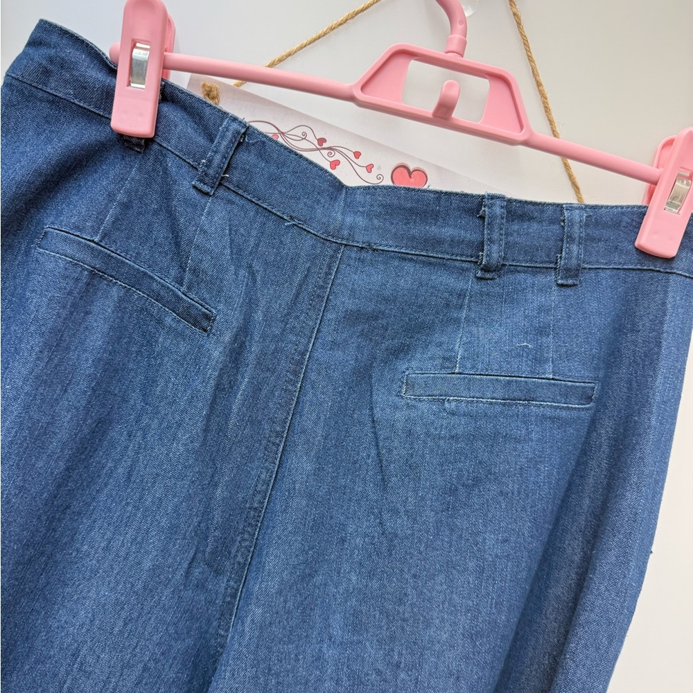 Pleated Wide Leg Chambray Pants – High Waist Lightweight Denim Pants - Picture 4 of 8